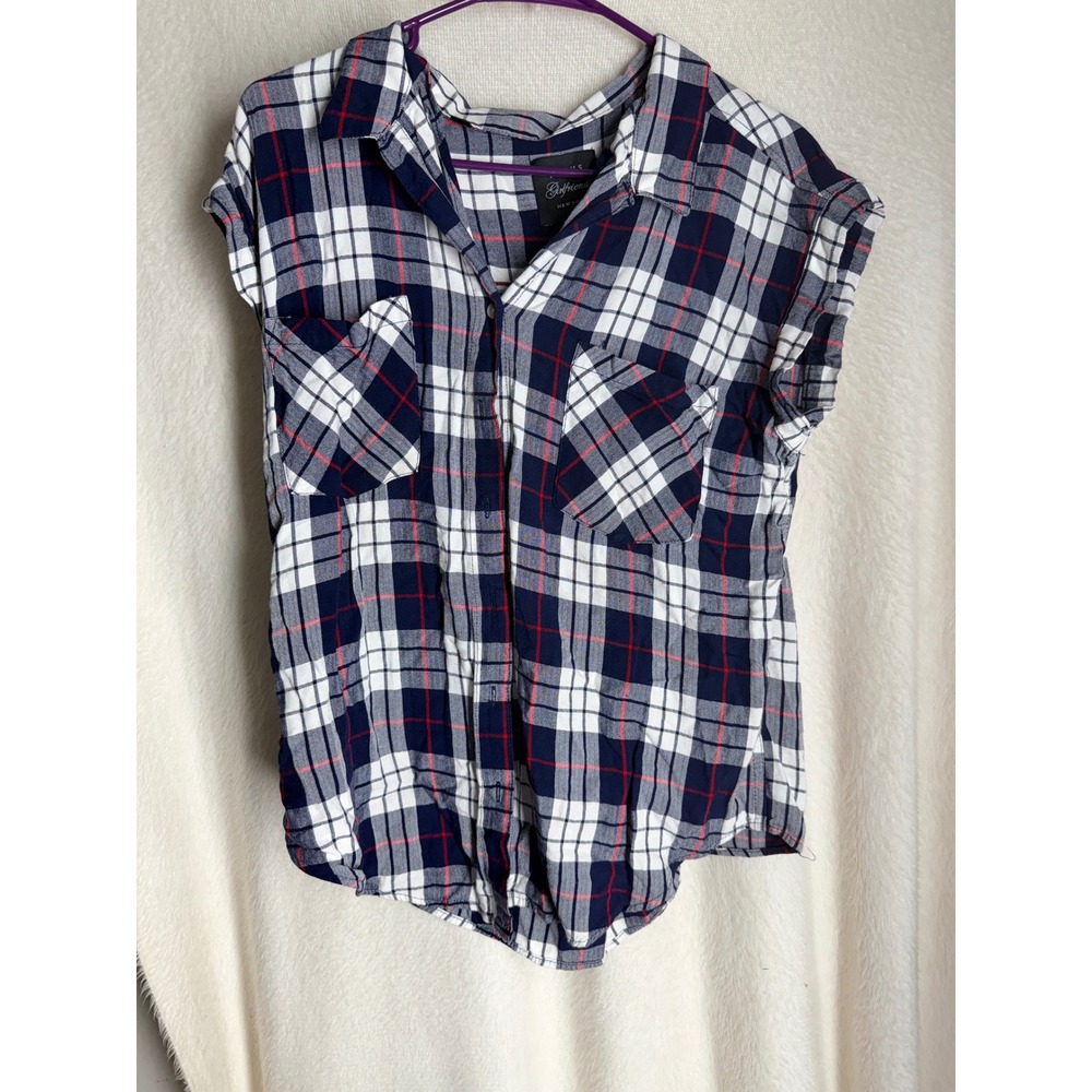 Jachs Girlfriend Womens Large Plaid Button Down Shirt Navy Blue White Red L